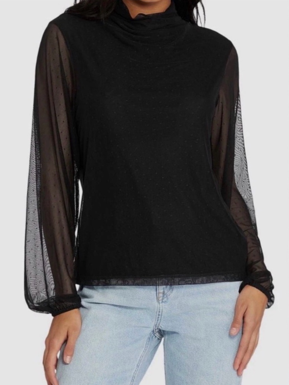 Sanctuary Black Sheer Dot Long Sleeve Mock Neck Top